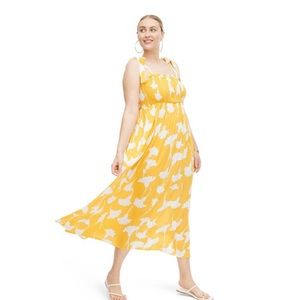 DVF Diane Von Furstenberg Target Smocked Tie Strap Yellow Ginkgo Midi Size Large